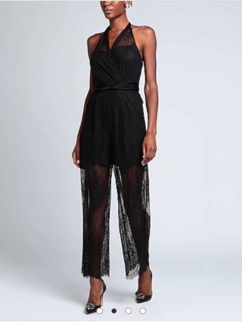 NEW/ Diane Von Furstenberg Black Sheer Lace Halter Wrap Jumpsuit/ size 4